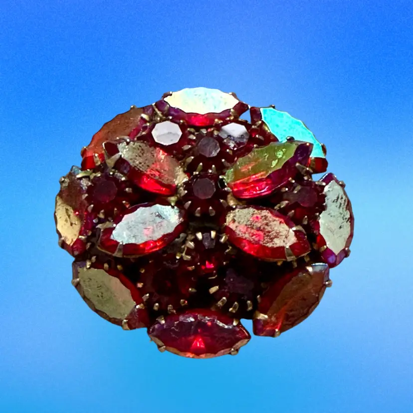 Vintage *BLING* Statement Piece Red AB Rhinestone Domed MCM Goldtone Brooch