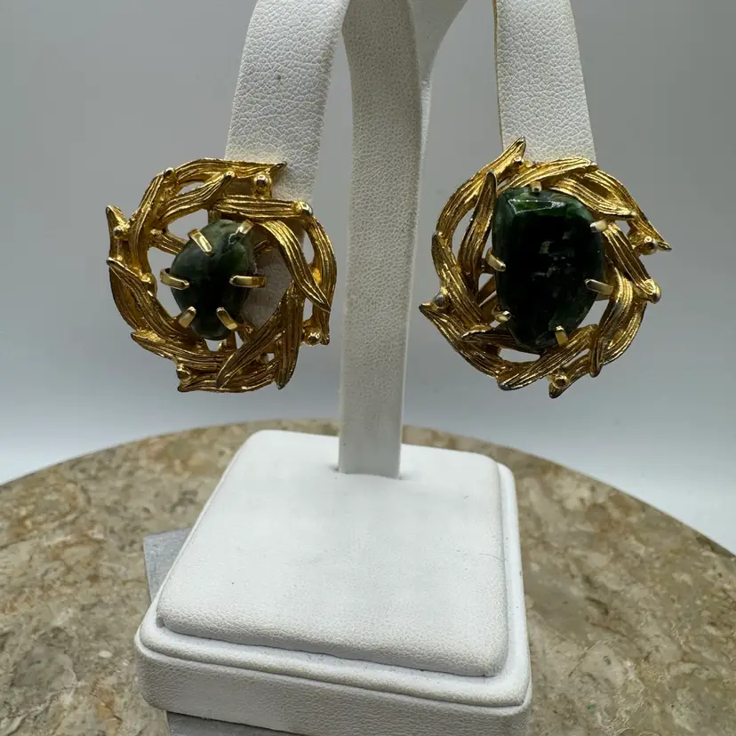 Vintage BSK Signed Mid-Century Brutalist Gold Tone Clip On Earrings Green Stone