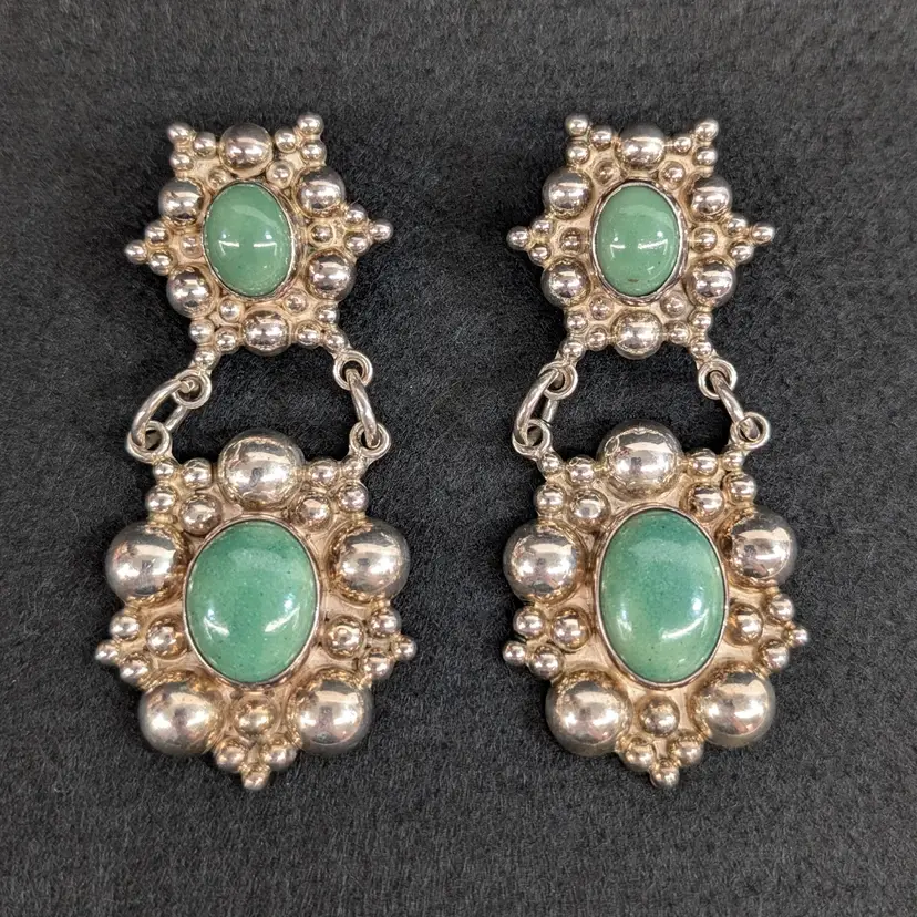 Vintage Carsi TC-57 Taxco Mexico Sterling Bubbles & Green Stone Dangle Earrings