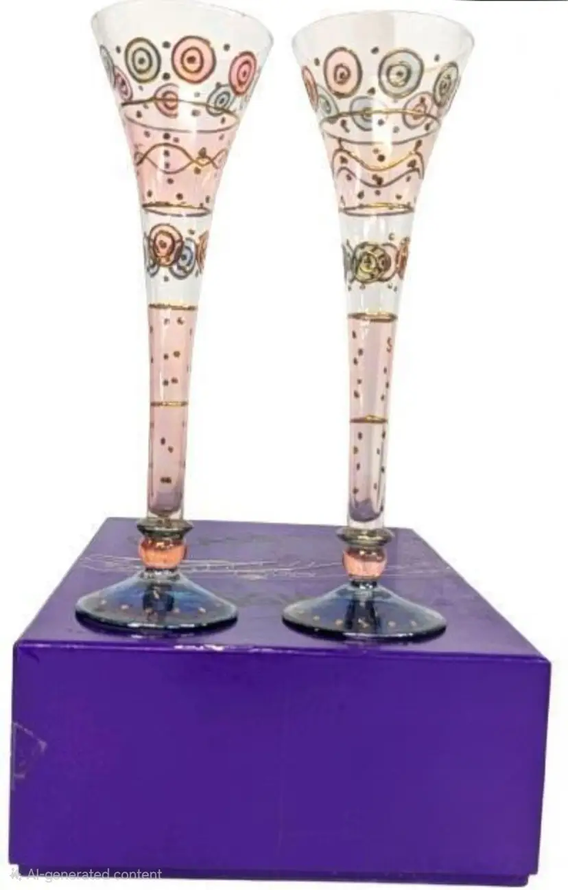 Vintage Set of 2 Momo Panache Hellen James "Harmony" Mouthblown Hand Decorated Champagne Flutes, 10.75" Tall
