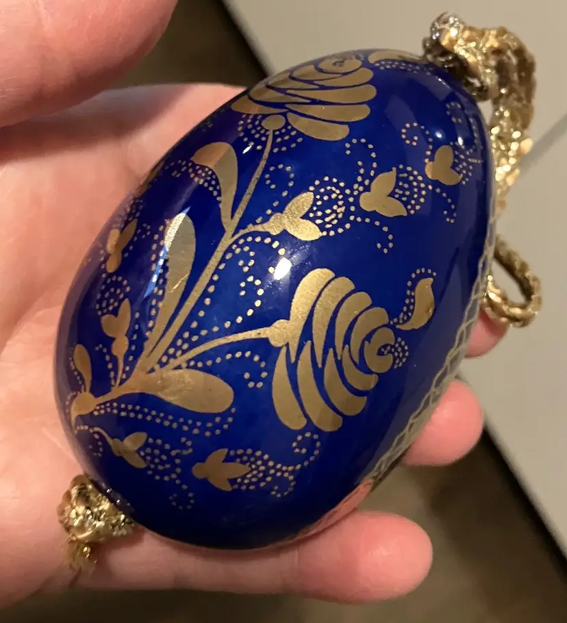 VTG Handpainted Cobalt Blue and Gold Hanging Egg Ornament Floral Scroll