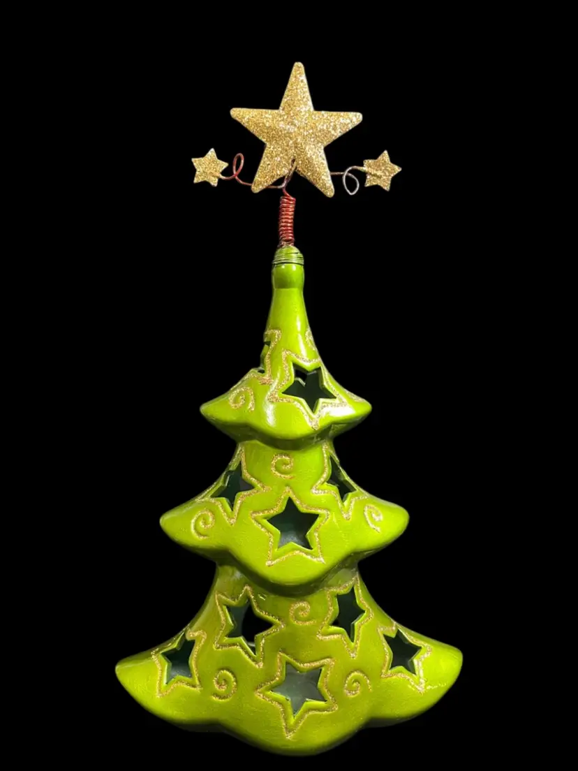Whimsical Glitter Christmas Tree w/ Star Cut Outs-Holds LED or Tea Light-Lot 59
