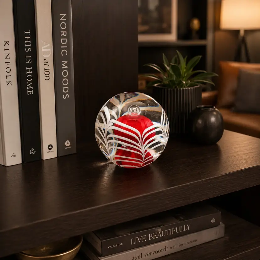 Vintage Red and White Swirl Art Glass Paperweight