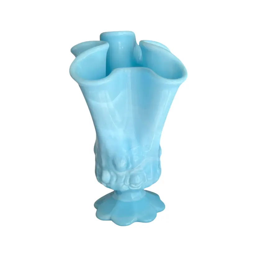 Fenton Cabbage Rose Blue Slag Glass Handkerchief Vase
