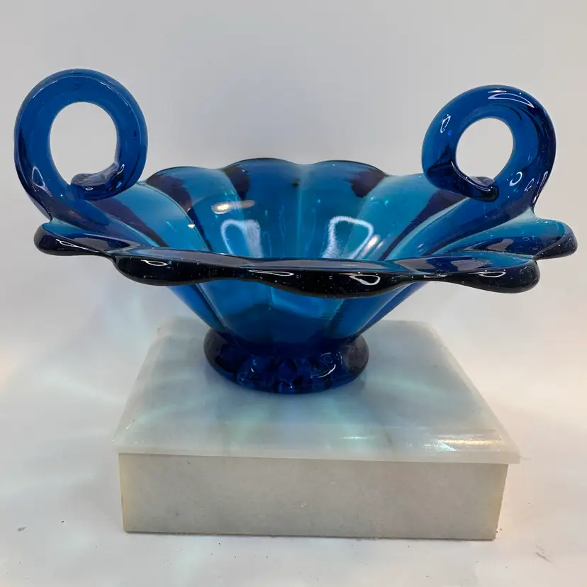 Vintage Blue Art Glass Ruffled Bowl