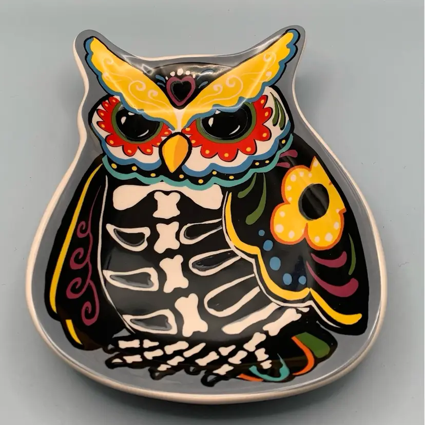 Sugar Skull Owl Dish Heavy Ceramic Day Of The Dead