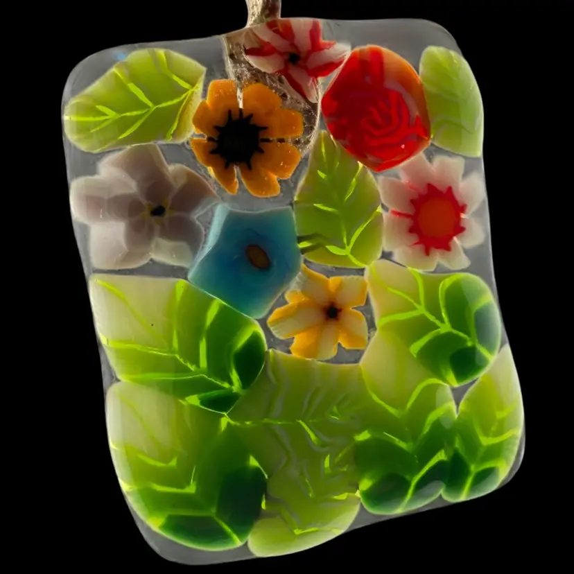 Murano Millefiori Glass Pendant With 925 Marked Chain Pendant 1 1/4" Drop 10 1/4"