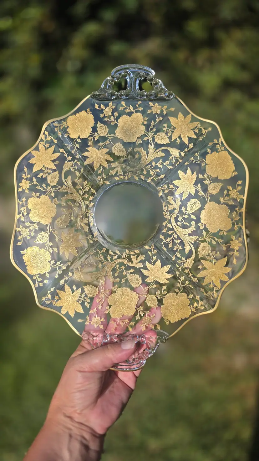 Vtg 1930s Cambridge Glass Wildflower Gold Encrusted 2-Handled Platter