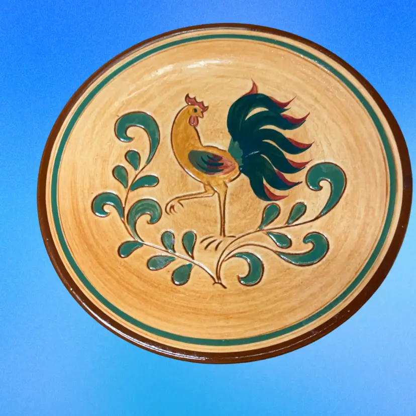 #01 - 19. Vintage Folk Art Pennsbury Pottery Red Rooster Charger - Pennsylvania Dutch