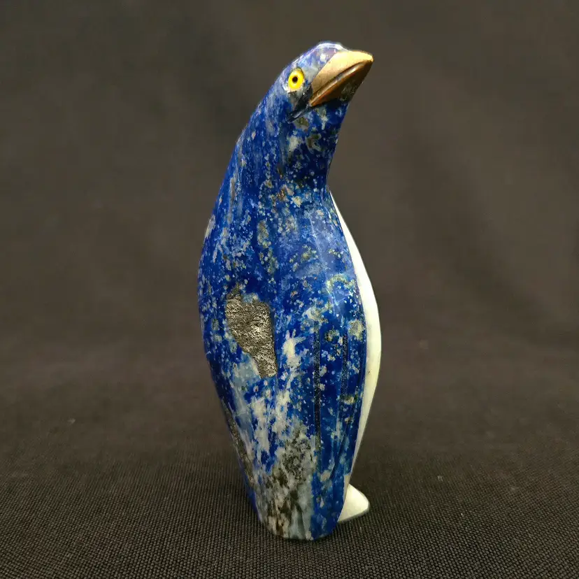 Lapis Lazuli Penguin Carved Figurine White Onyx Belly Brass Colored Beak 3” Vintage