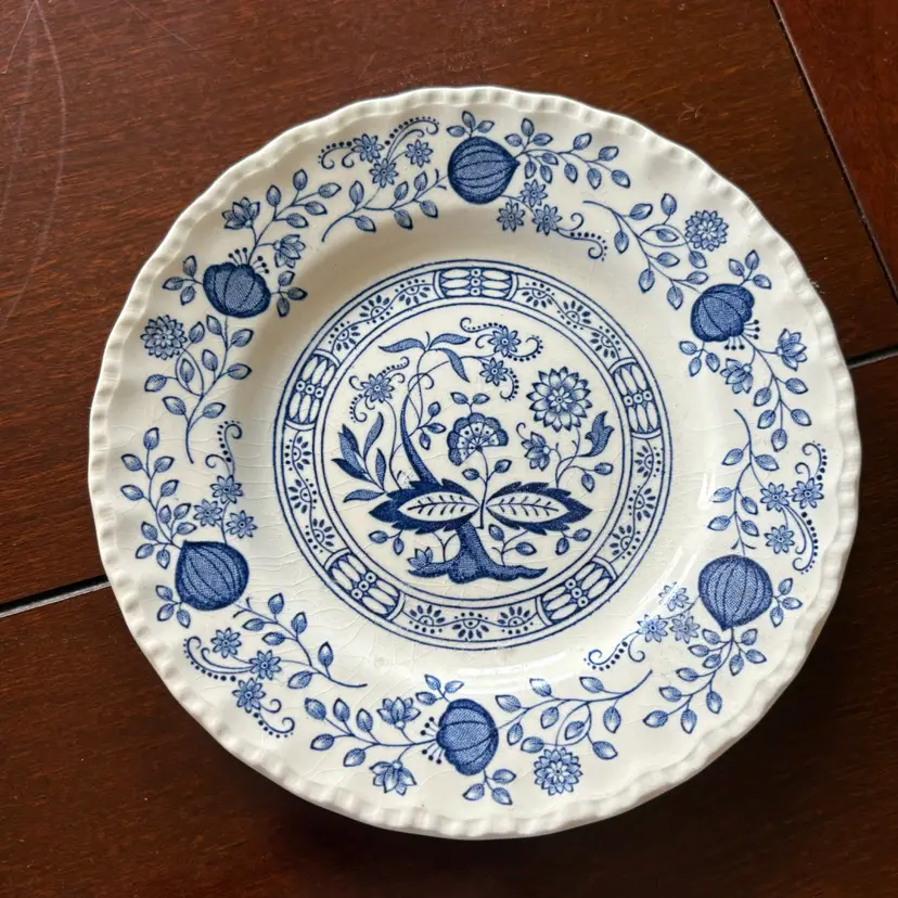 Vintage Enoch Wedgwood Tunstall Blue Heritage bread or dessert plate featuring a traditional cobalt blue and white floral transferware design