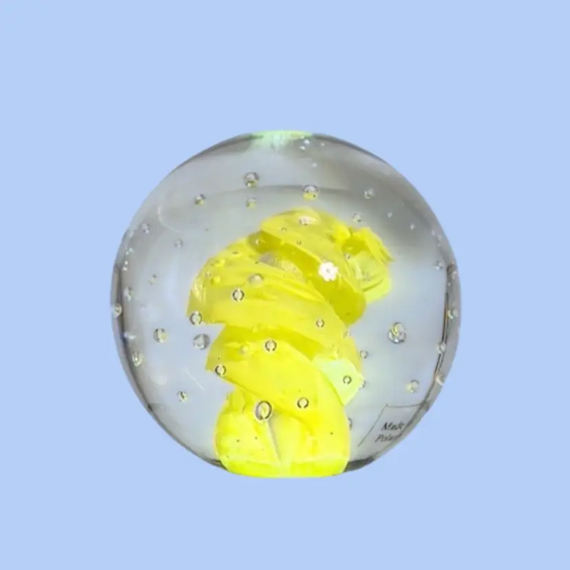 #230- Paperweight Art Glass Poland Clear w/ Yellow Burst  Swirl Smooth Bottom Beautiful!