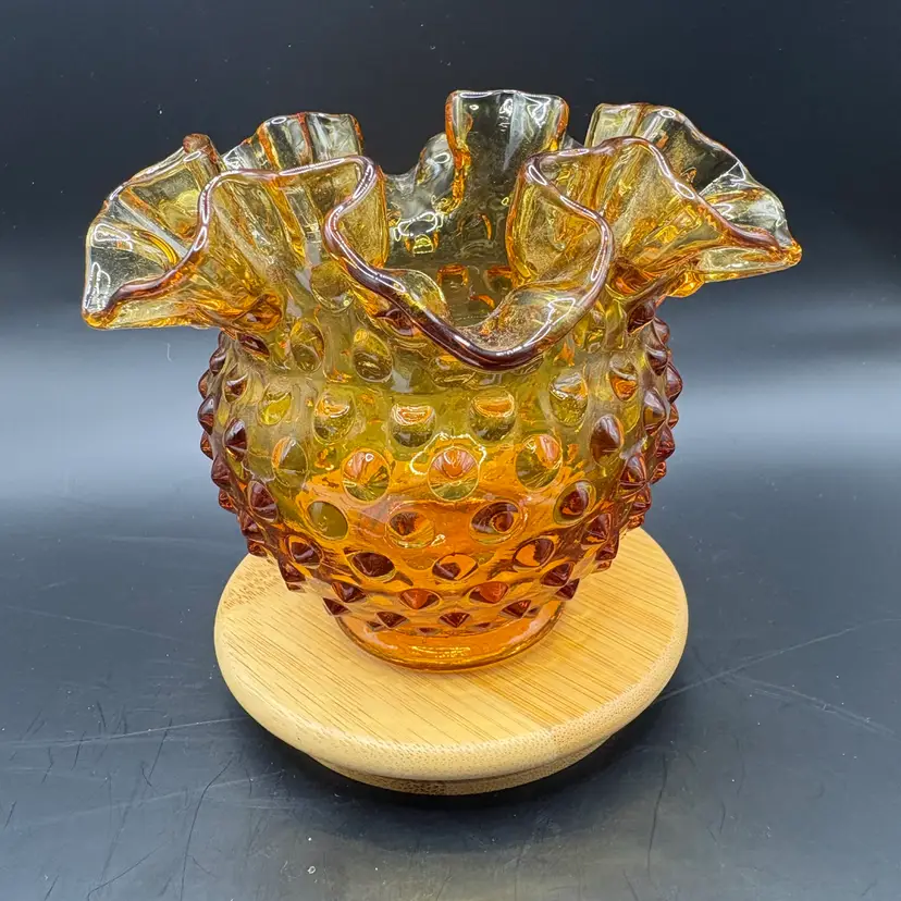 Fenton Amber Hobnail Ruffled Edge Vase Bowl
