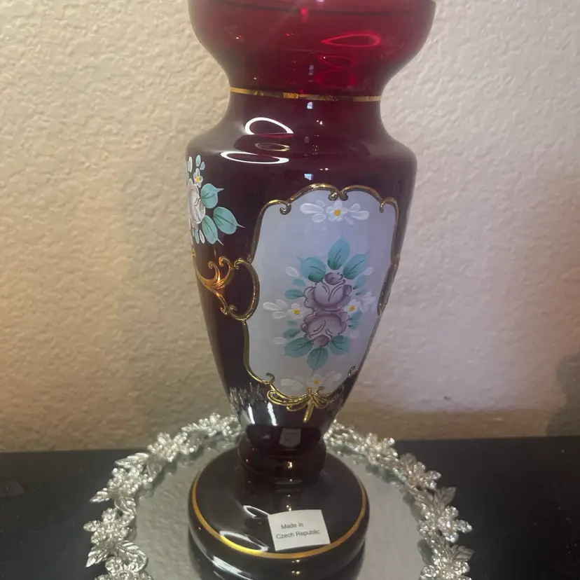 Gorgeous Bohemian Czech Republic Gilted Cranberry Glass 9” Royal Vase