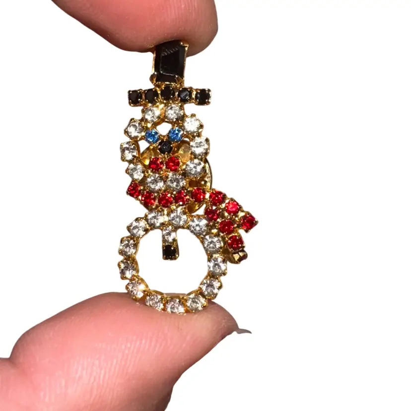 Gold Tone Rhinestone Snowman Pin