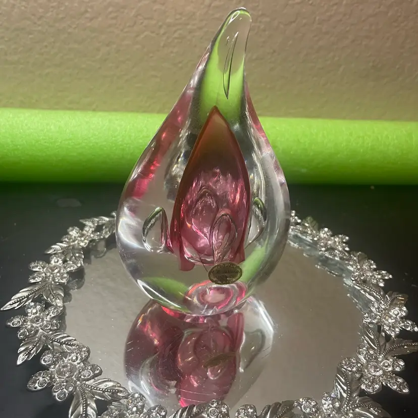 Signed Adam Jablonski(AJ) 6” teardrop-shaped Pink Sommerso & Bullicante paperweight Made In Poland
