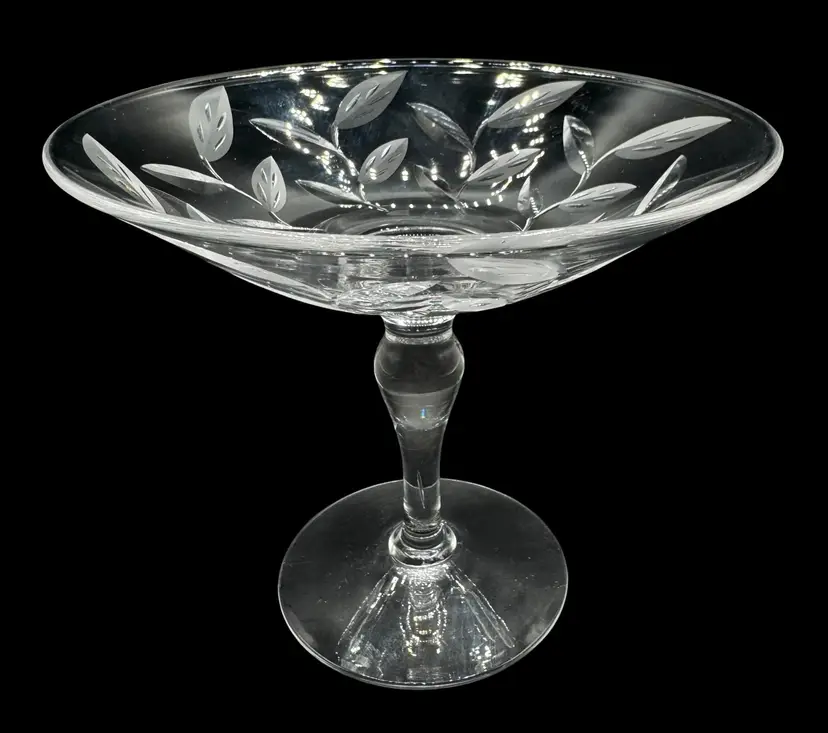 Signed Vintage Stuart Crystal Glass England Pedestal Compote Dish Leaf Floral 6”