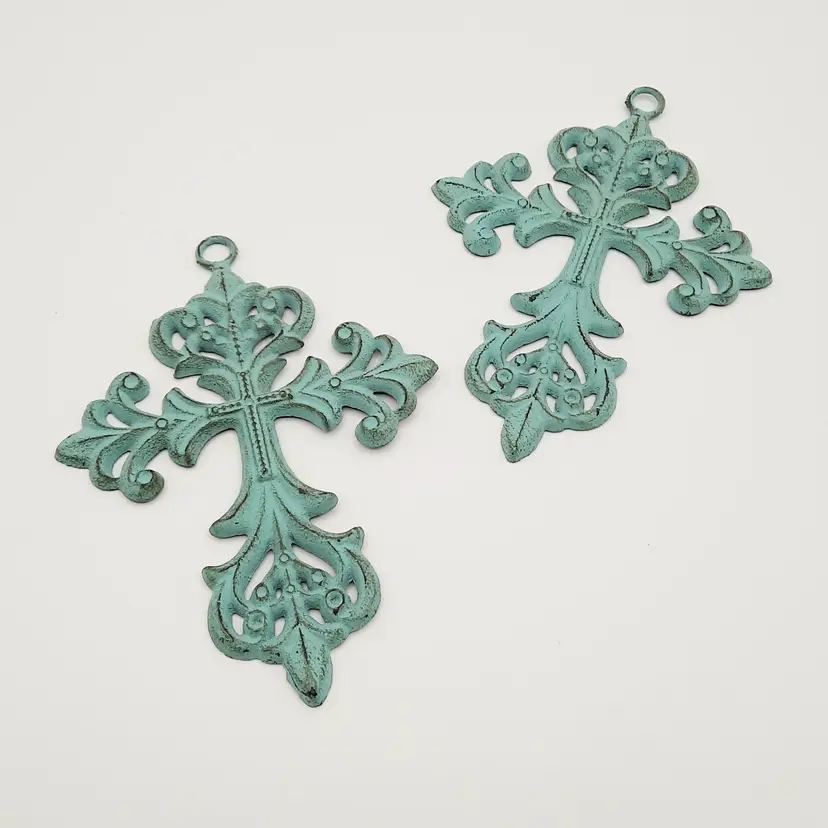 Turquoise Distressed Iron Metal Crosses Wall Decor Set of 2