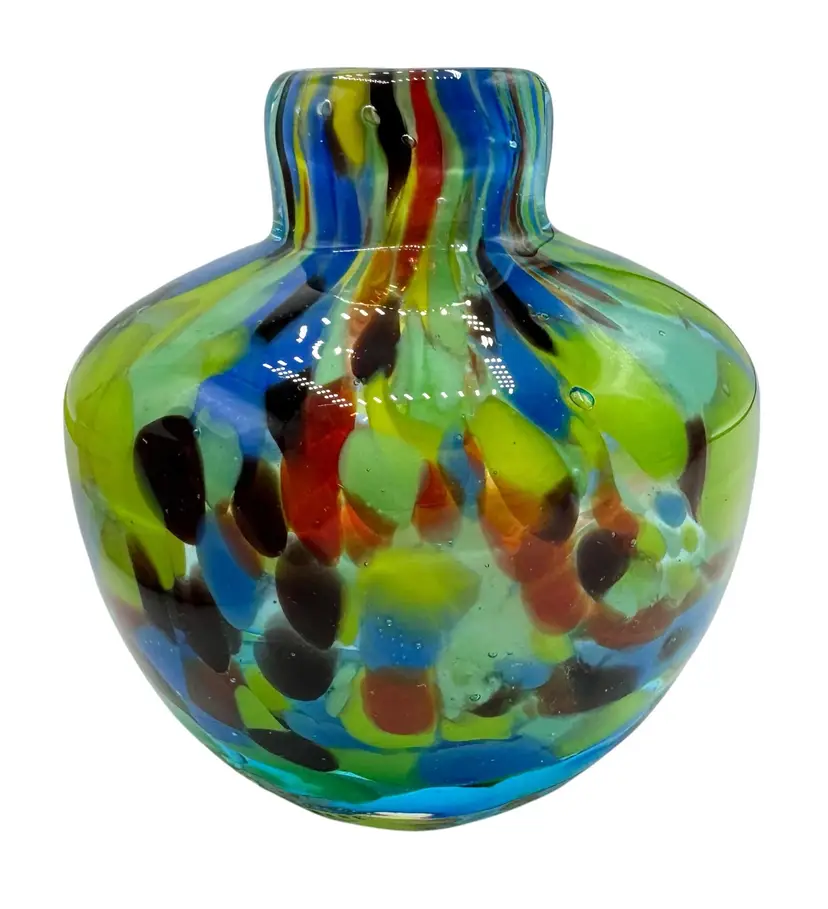 Art Glass Perfume Bud Vase Colorful Rainbow Red Blue Green Yellow China 3.25”