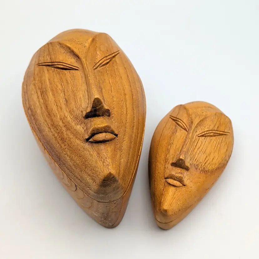 Hand Carved Mango Wood Indonesia Nesting Face Mask Trinket Box With Lid