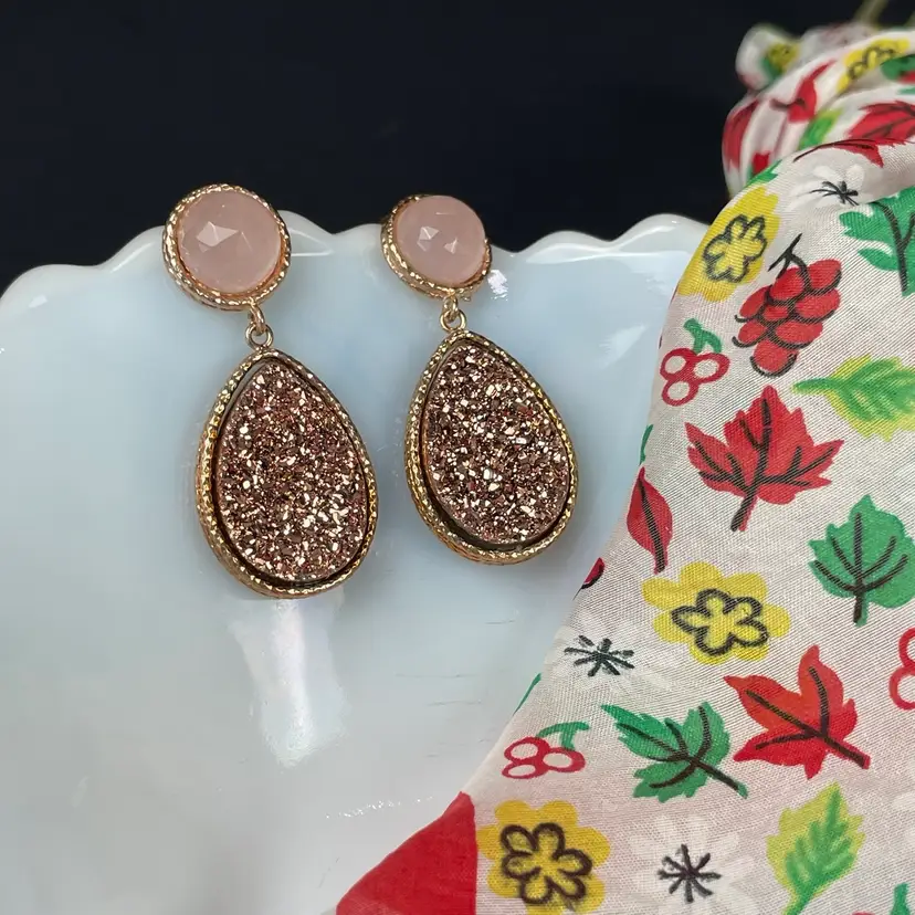 Milor Italy Rose Gold Vermeil Sterling Silver 925 Pink Teardrop Druzy Dangle Earrings 1.5"