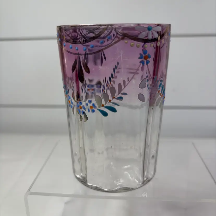 Antique Victorian, Cranberry And Clear Drinking Glass Hand Enameled