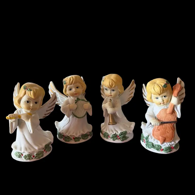 4 Vintage Bisque China Angel Figurines With Musical Instruments Full Set