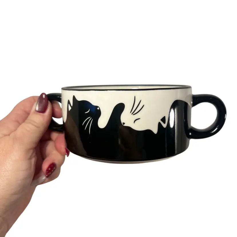 Double Handled Soup Bowls (set of 2) Black & White Cats Ceramic Animal Rescue Site | 4”