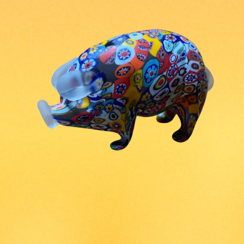 03. Vintage Millefiori Murano Art Glass Pig - Frosted Glass Snout Ears Tail - Italy