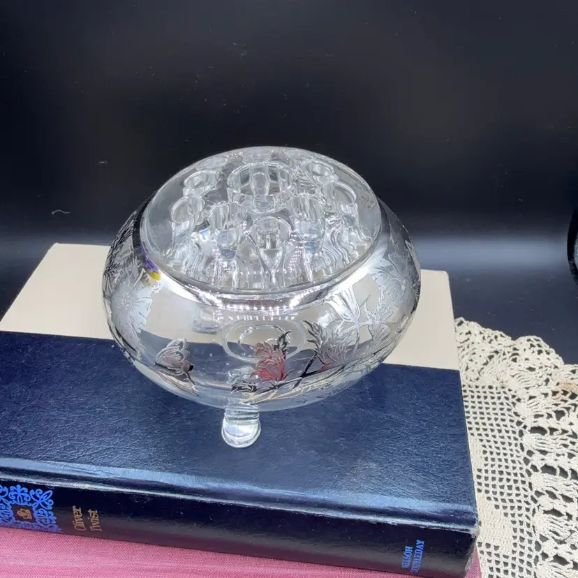 🐞Vtg 3 Viking Glass Flowerlite 3-Footed Rose Bowl Candle Holder Sterling Silver Overlay & Frog  4x 3.5”