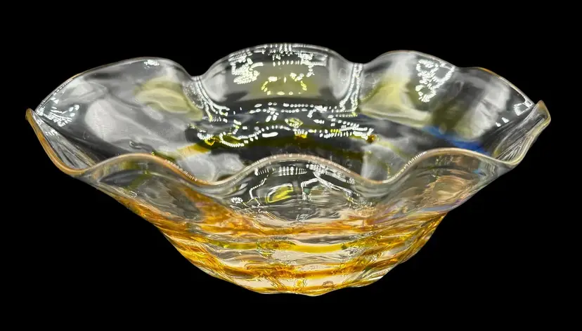 Signed Hilltop Studio Art Glass Ruffle Bowl Centerpiece Amber Clear Handblown