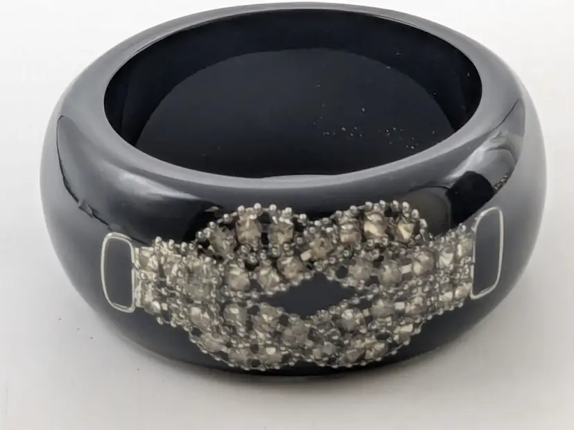 Chunky Black Resin Bangle with Rhinestone Design NWOT