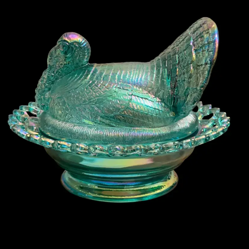 Mosser Art Glass Teal Carnival Glass Turkey On A Nest 7”x 8” x 7”