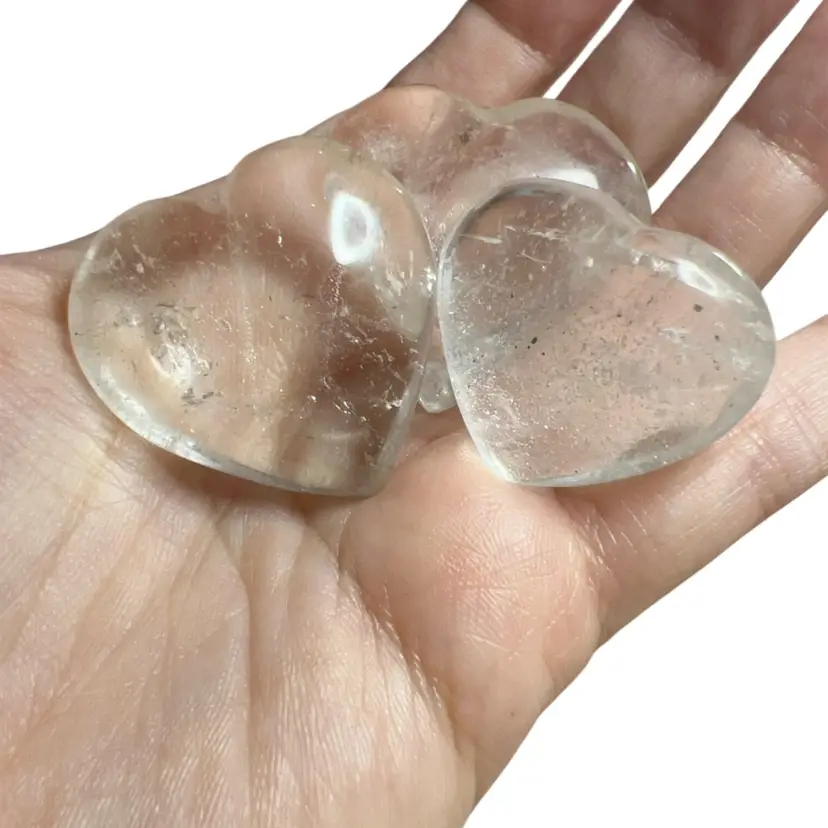 Set Of 3 Clear Quarts Heart Palm Stones