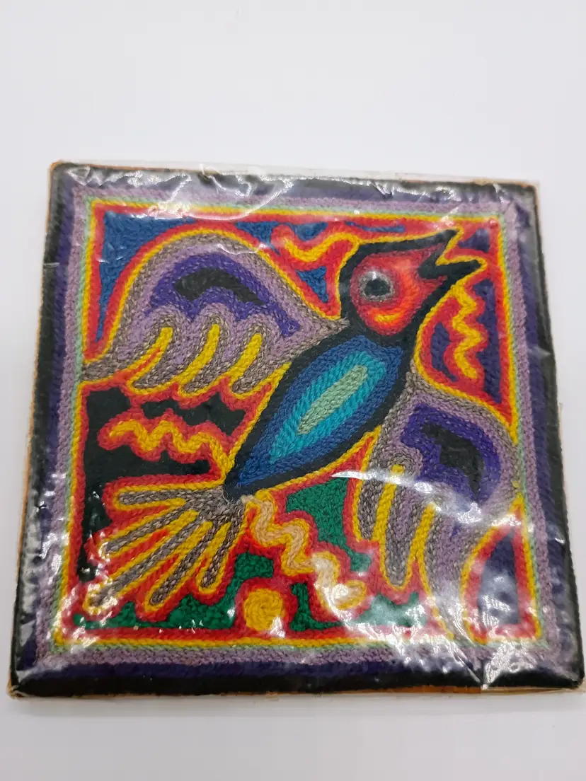 Mexican Folk Art Yarn Painting Huichol Humminbird and Sun Signed by Artist.