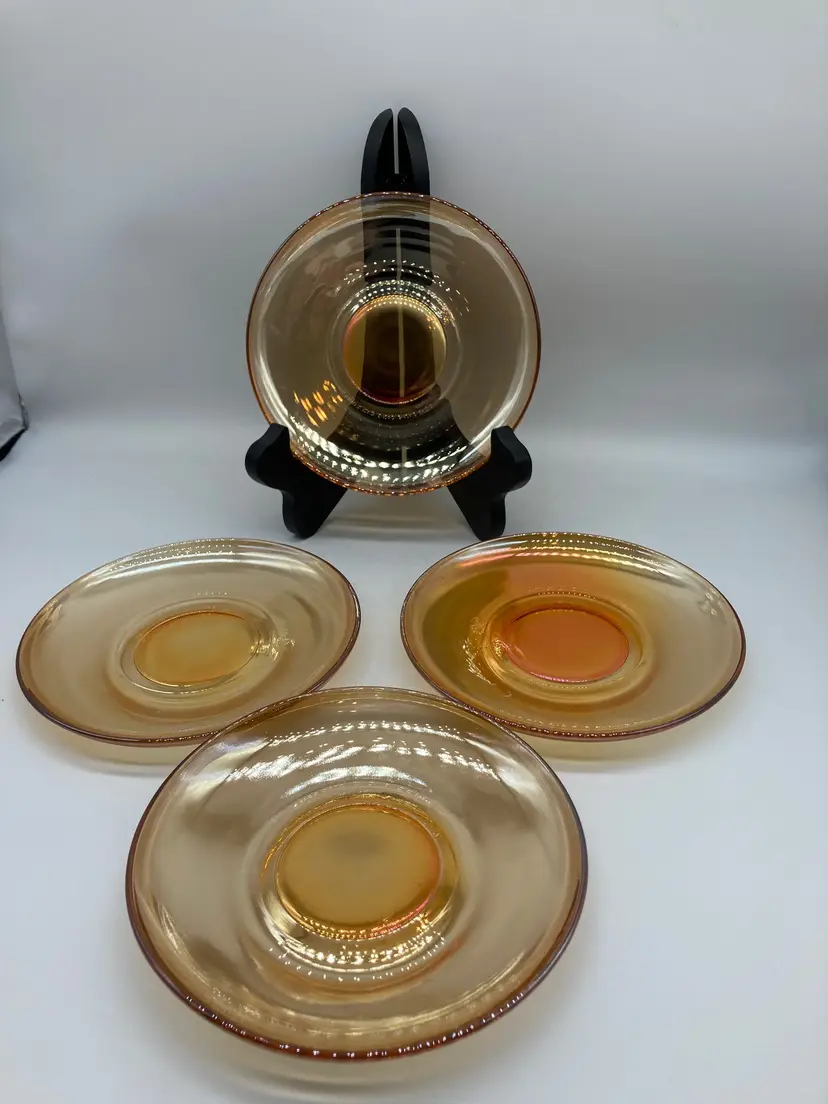 Vintage Jennette Carnival Glass 4 Saucers Iridescent Marigold