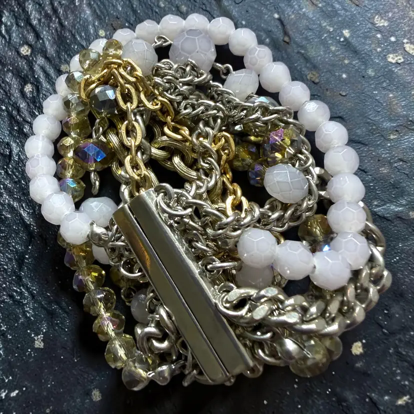 Multi-layered Bead & Chain Bracelet- Very Strong Magnet Closure - 6.5”