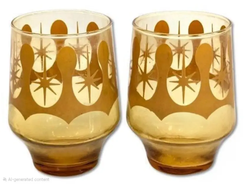 RARE Pair MCM Vintage Starburst/Atomic Reverse Drip Lowball Barware Glasses, 4.25" Tall, No Chips or Cracks
