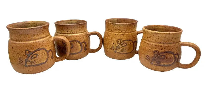Set of 4 Signed Studio Art Pottery Coffee Mug Cups Mouse Brown Speckled 4.25”