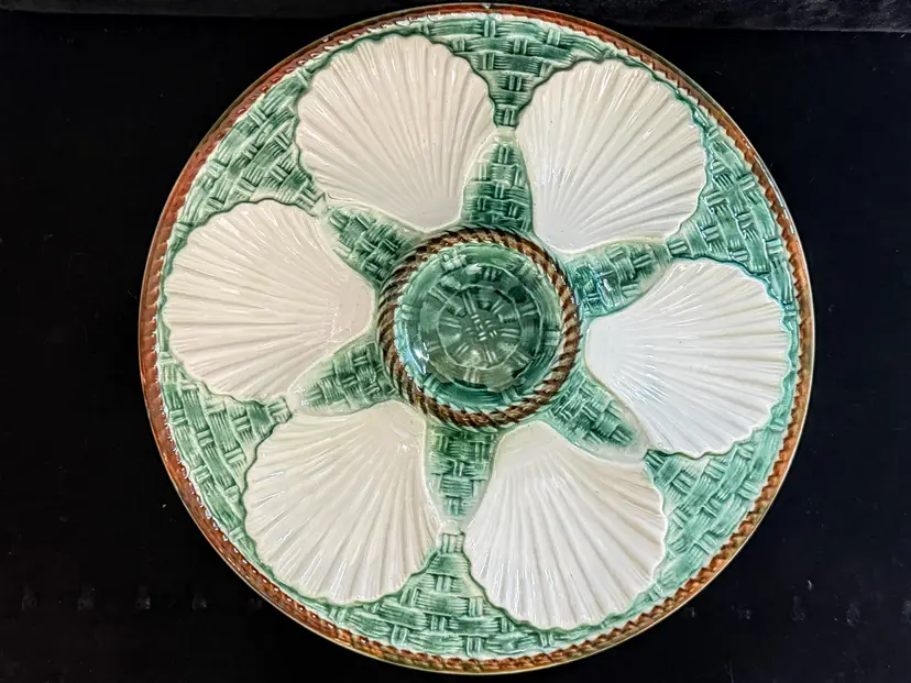 Antique French Majolica Oyster Plate Green Basketweave 9.5" Mint A1188