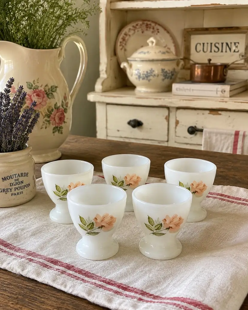 Vintage Arcopal France Opaline Floral Egg Cups – Set of 5