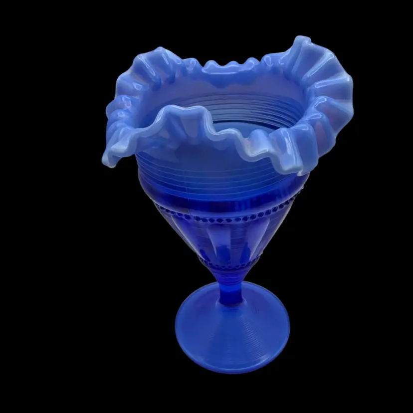 Jefferson Glass RARE READ! Fluted Bars & Beads Cobalt Blue Opalescent Vase EAPG 1904-1906 7” - Only Example In This Patten & Color