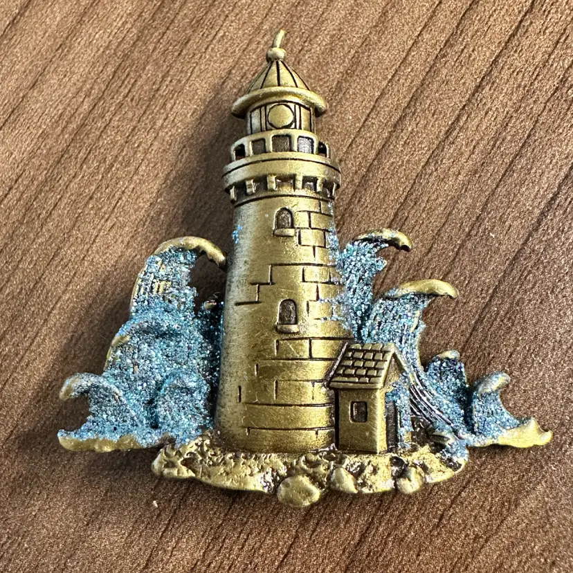 JJ Brooch Waves Lighthouse Gold-Tone With Glitter Blue