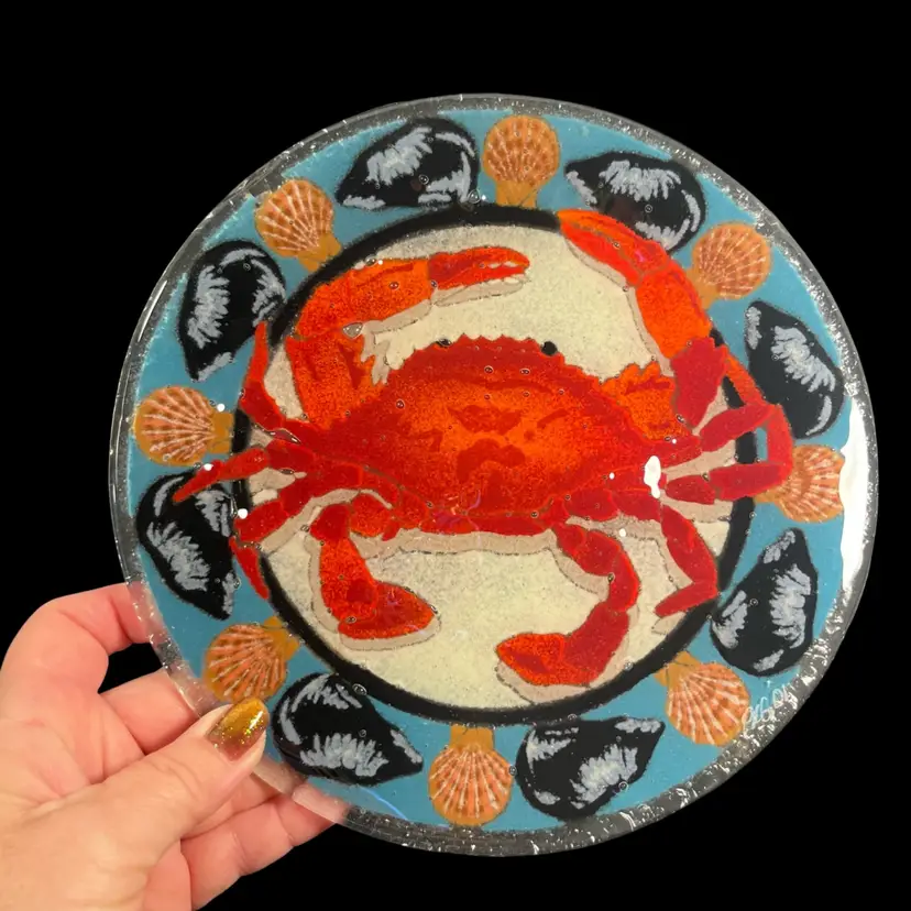 Peggy Karr Crab and Seashell Fused Glass Plate Signed | 7.75”