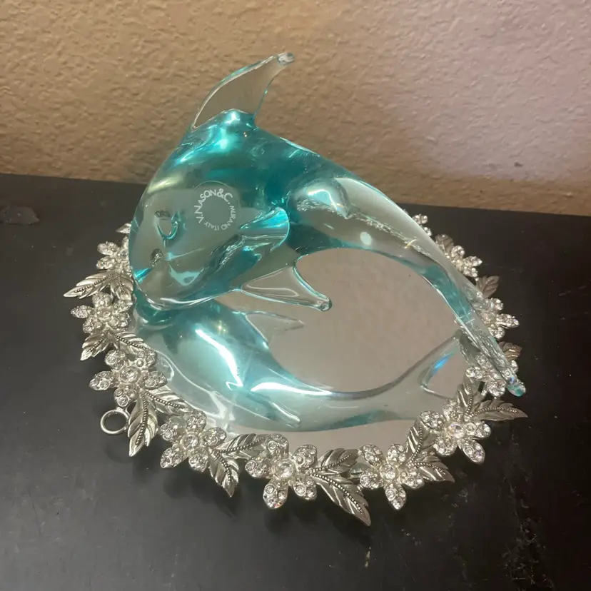 Stunning Nason Murano Italy Sommerso Teal 8” Arched Dolphin Figurine
