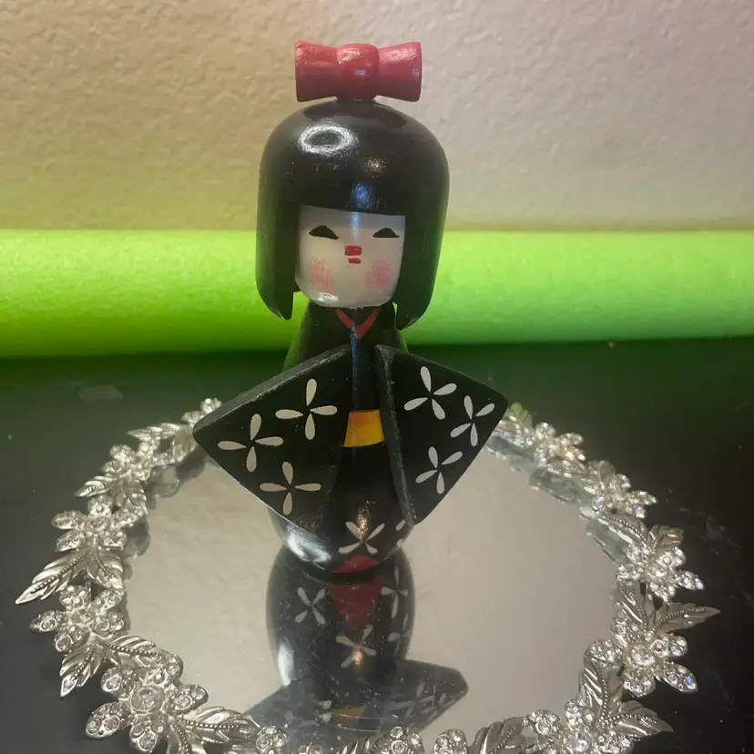 1970 Japanese 6” Kokeshi doll made of hand-painted wood w/ a black kimono