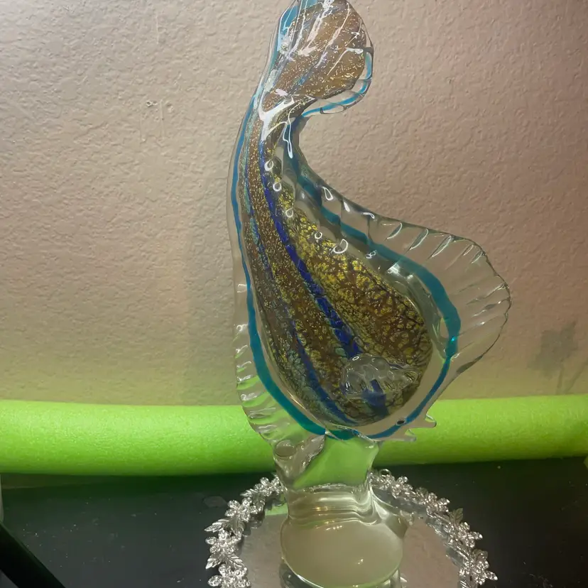 Gorgeous 14” Tall Art Glass Fish with gold Aventurine & marbled patterning.