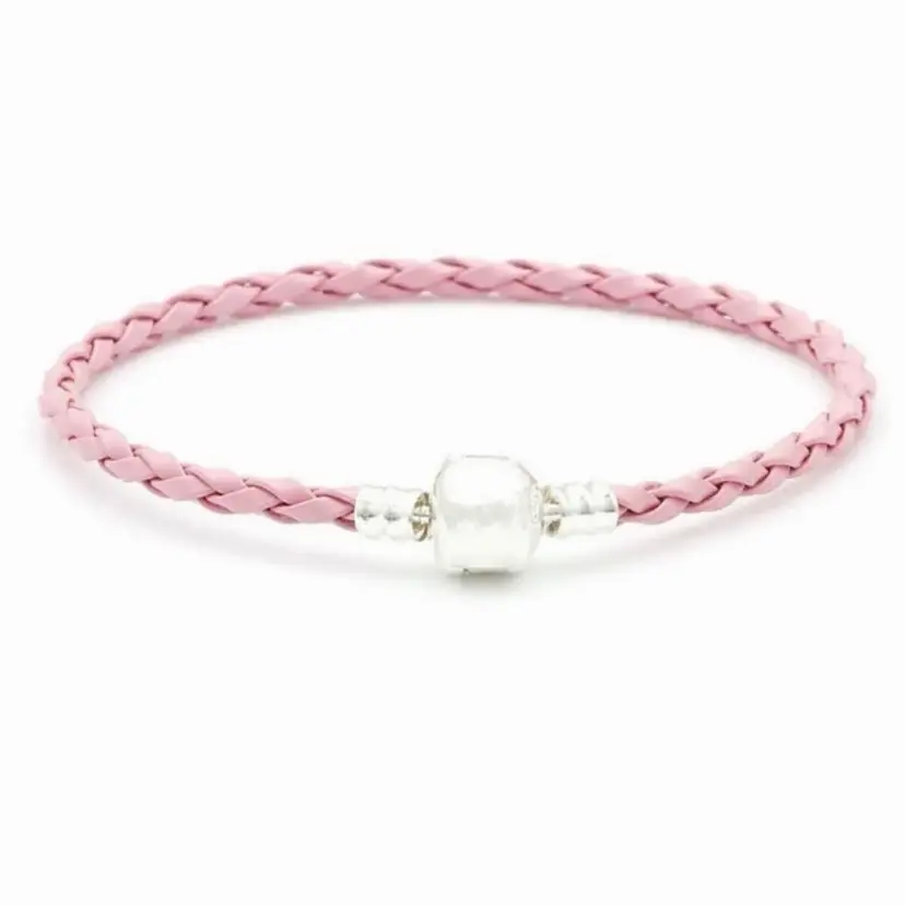 Pink Braided PU Leather Silver Plated European Charm Bracelet 7.5 inches