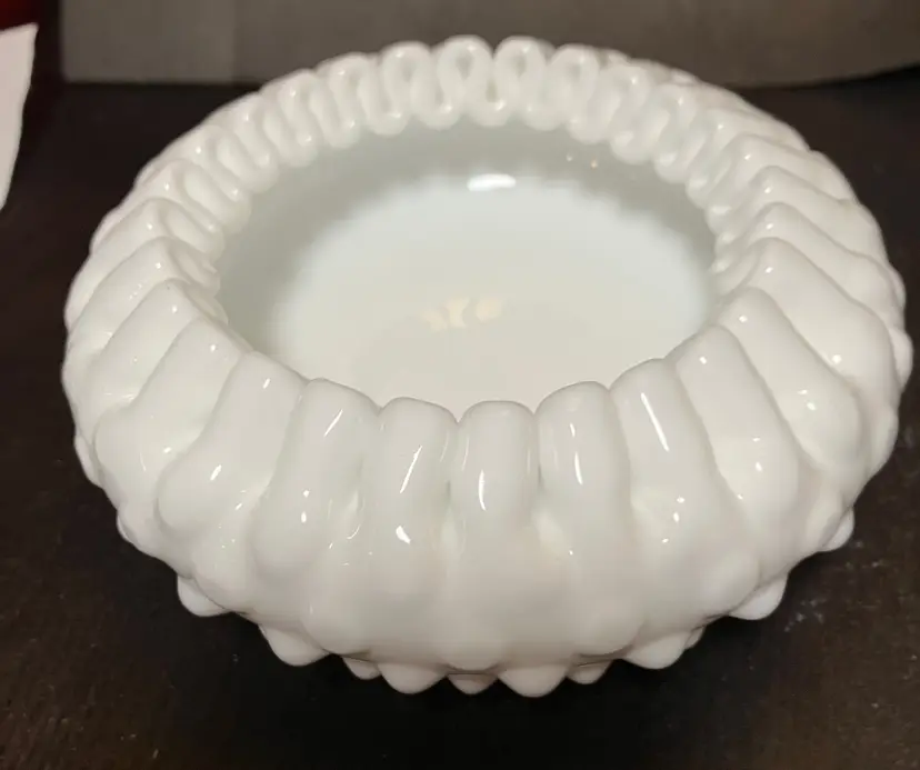 VTG Fenton White Glass Hobnail Bowl Ashtray Trinket Dish Scalloped Crimped rim