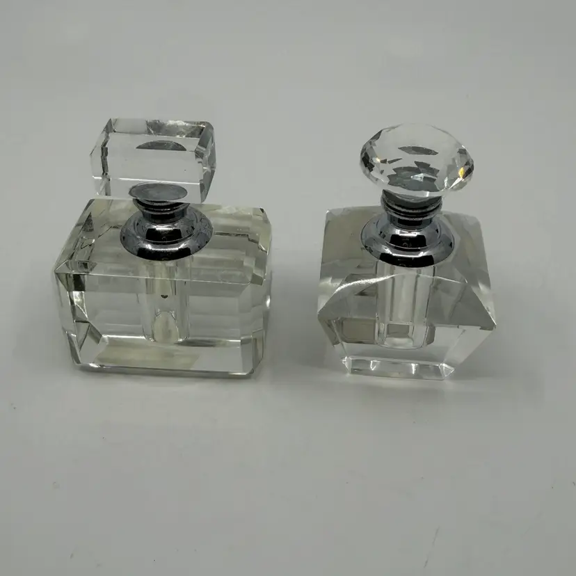 2 Heavy Cut Crystal Beveled Edge Mini Perfume Bottles 2.5”